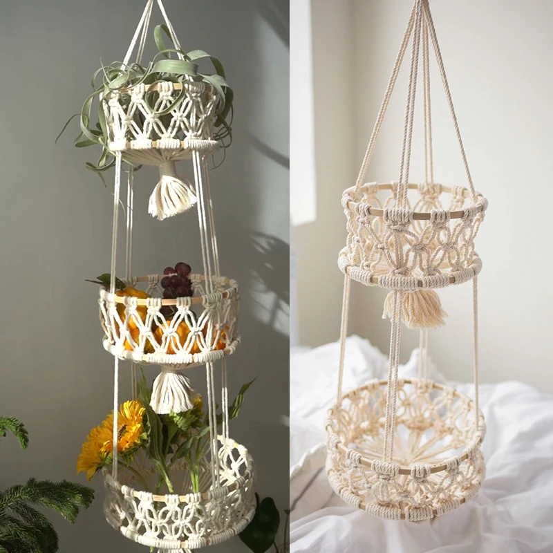 Hanging Basket Macrame Fruit Storage Basket Container Organizer Cotton Rope Hanging Plant Pot For Home Balcony Garden Decor