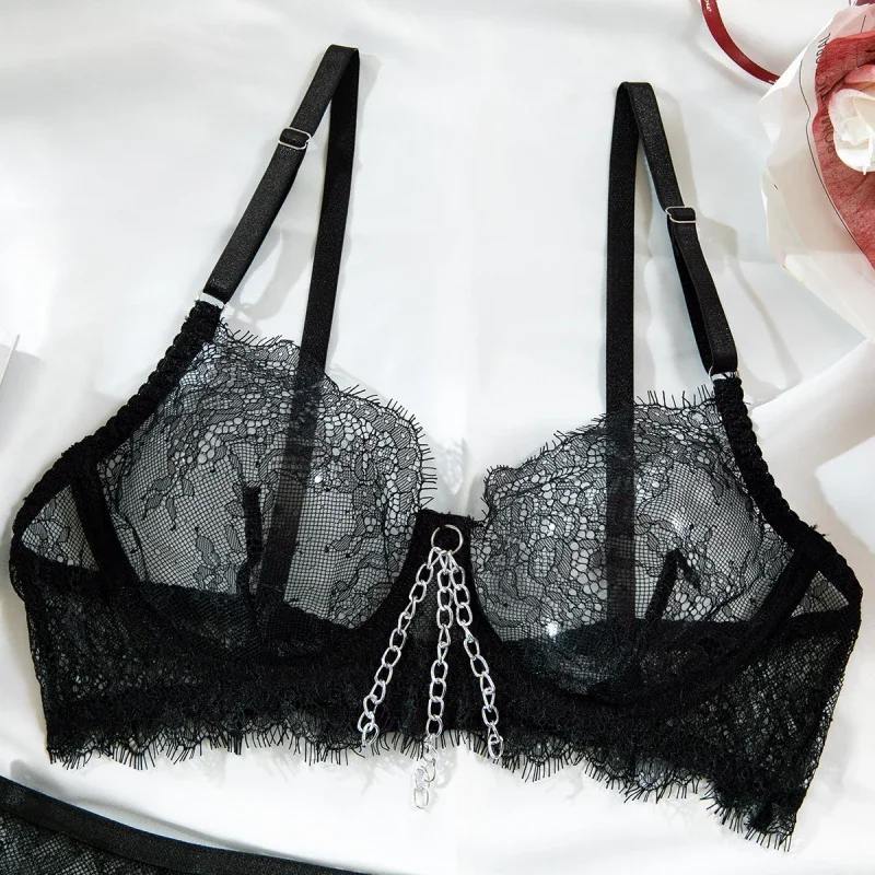Bikini Metal Chain Sexy Lingerie Lace Hollow Bra Thong Four-Piece Set