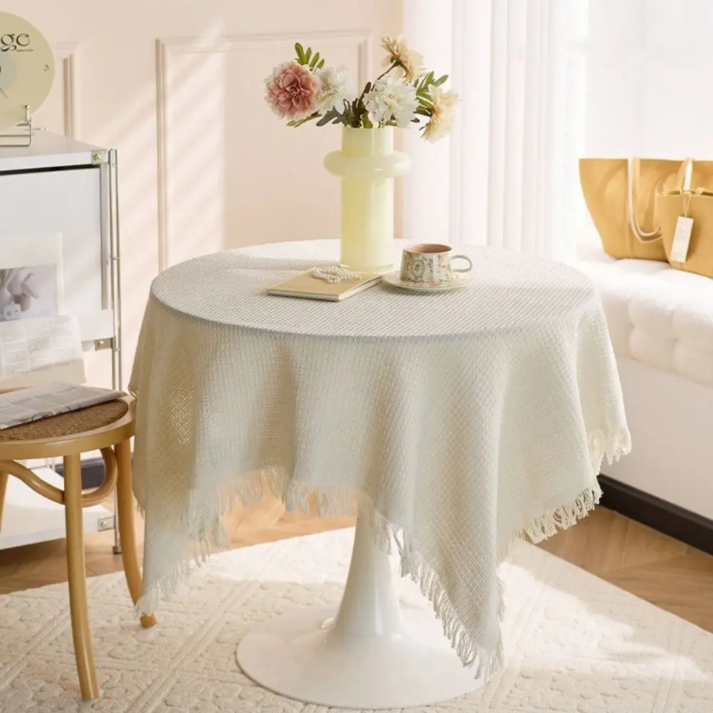 

Retro Multi-purpose Garden Table Cloth White Fringe Round Table Tablecloth Waffle Texture Tassel Dinner Tea Table Covers Picnic