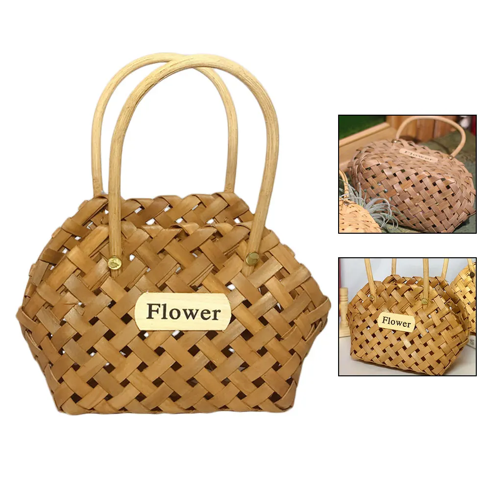 

1Pcs Handwoven Wood Flower Basket Portable Double Handle Wooden Storage Basket Wedding Home Decor Coffee