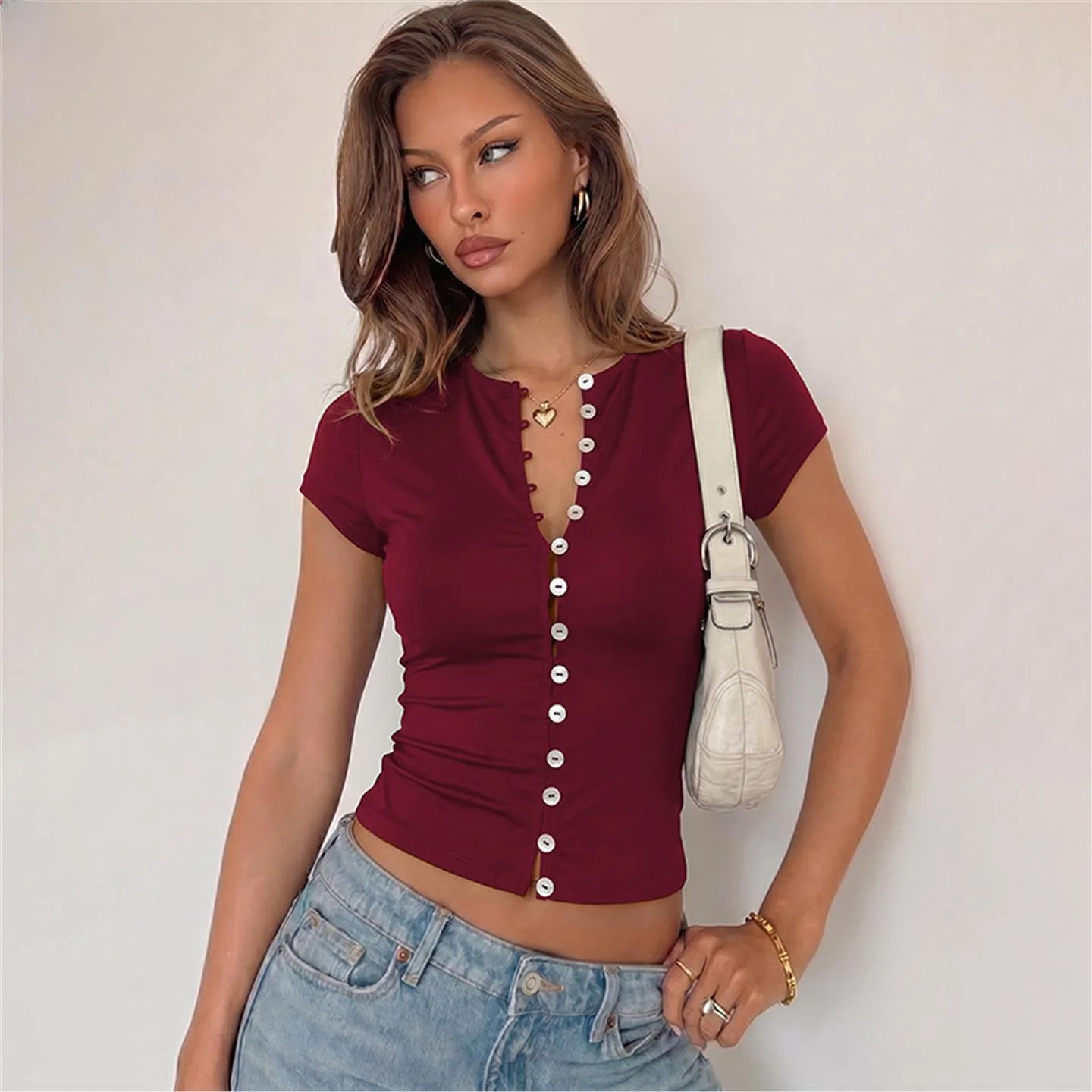 Slim Fit round Neck Short Sleeve Single Button Summer Holiday Women's Top City Walk Outerwear Knitted Pure Color European Style