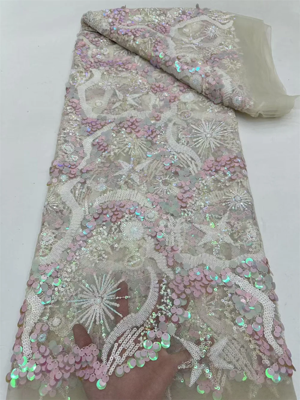 Tela de encaje africano 5 yardas de alta calidad 2025 tela de encaje blanco con bordado de lentejuelas vestido de fiesta de boda nigeriano de lujo H54-1