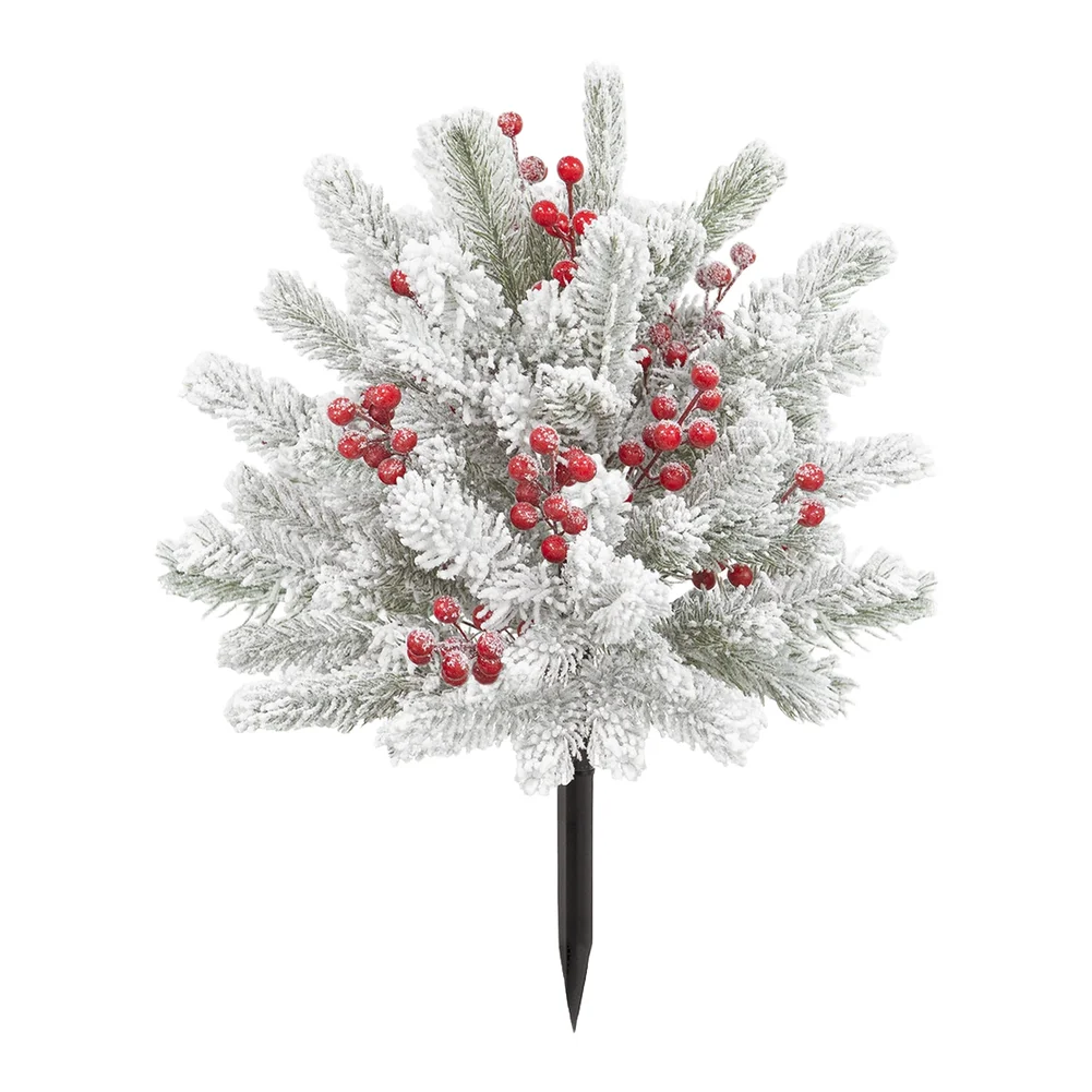 Flocked Artificial Pine Branches with Red Berries for Outdoor Patio Garden Decor Christmas Winter Home Decoration 22 inch