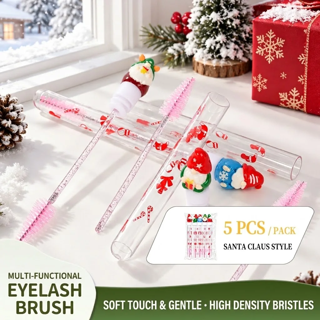 5 Pcs Santa Claus Eyelash & Eyebrow Brush Spoolies Lash Comb Grooming Tool, Cute Women's Makeup Brushes, Perfect Christmas Gift