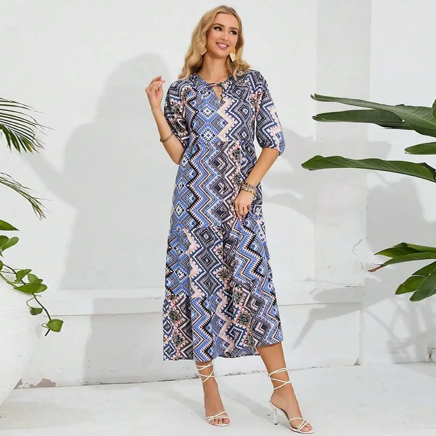 

Casual Midi Dress With Front Tie Neck Slim Fit Elegant Patterned Women Dress