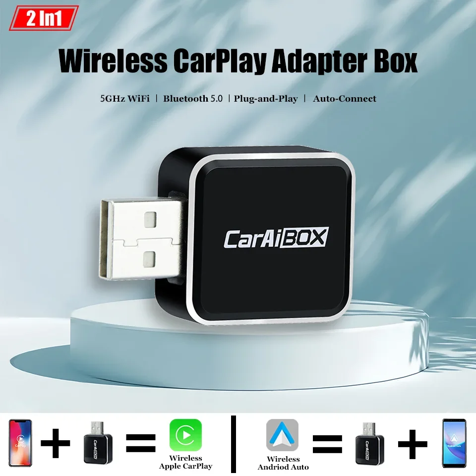 

New 2In1 Adapter Wireless Apple CarPlay and Wireless Android Auto Smart Mini Box Plug and Play Automatic Connection For kia VW