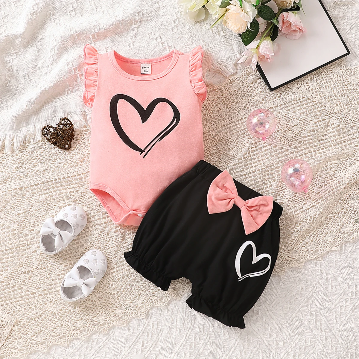 Baby Girls Summer Two-Piece Set Cute Round Neck Love Printed Triangle Jumpsuit with Bow Decoration Shorts Outfit for Little Ones