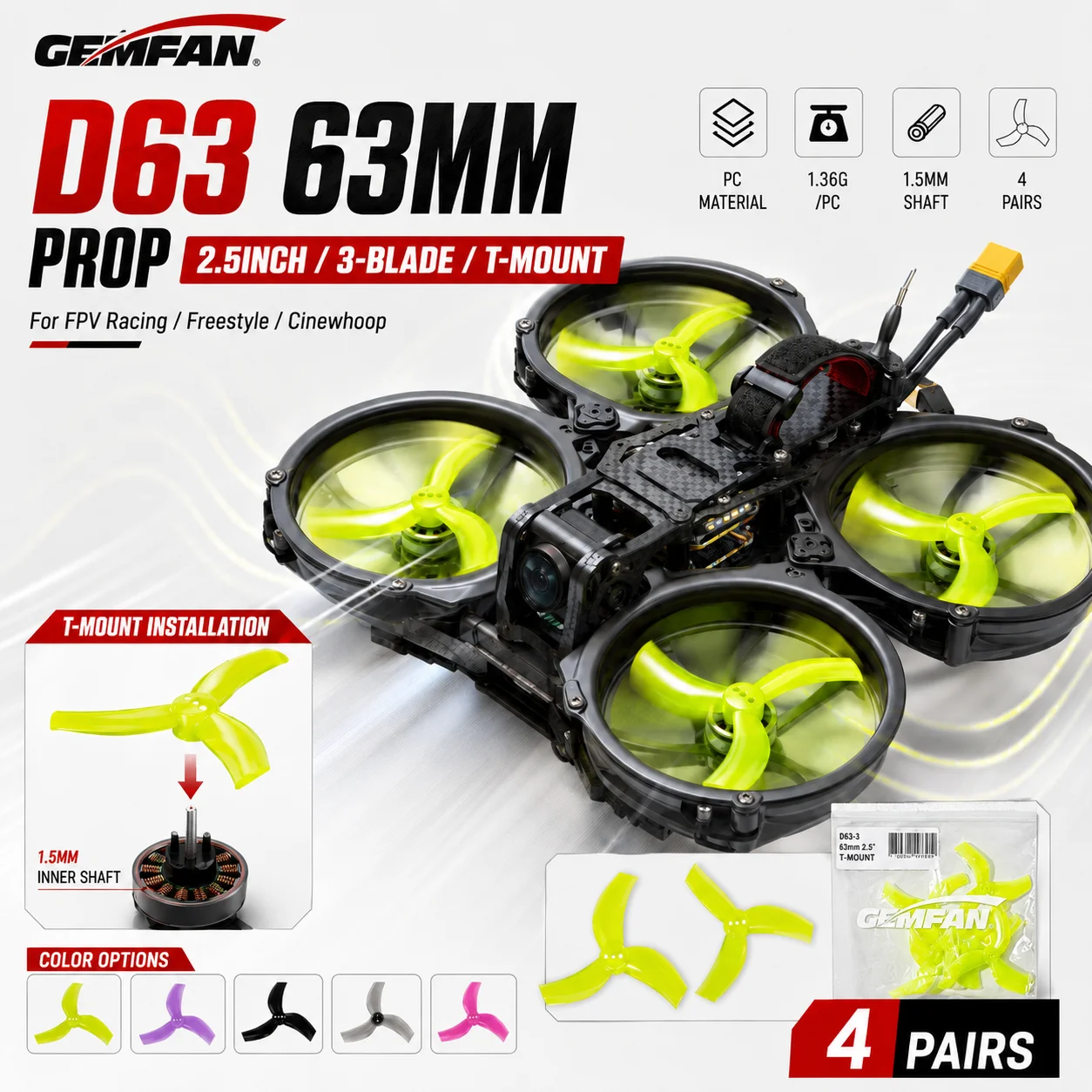 Gemfan D63 Ducted 63mm 2.5inch 4Pairs PMPCD63-3 3-Blade Propeller for RC FPV Racing Freestyle Toothpick Cinewhoop Drones Model