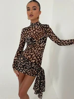 Fantoye-vestido Sexy de cuello alto con estampado de leopardo para mujer, minivestido de manga larga, ajustado, elegante, para fiesta y discoteca