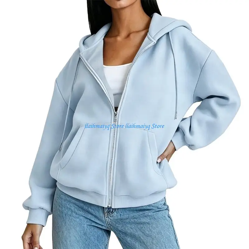 573B Zip Up Hooded Sweatshirt For Women Oversized Hoodie Top For Spring Fall
