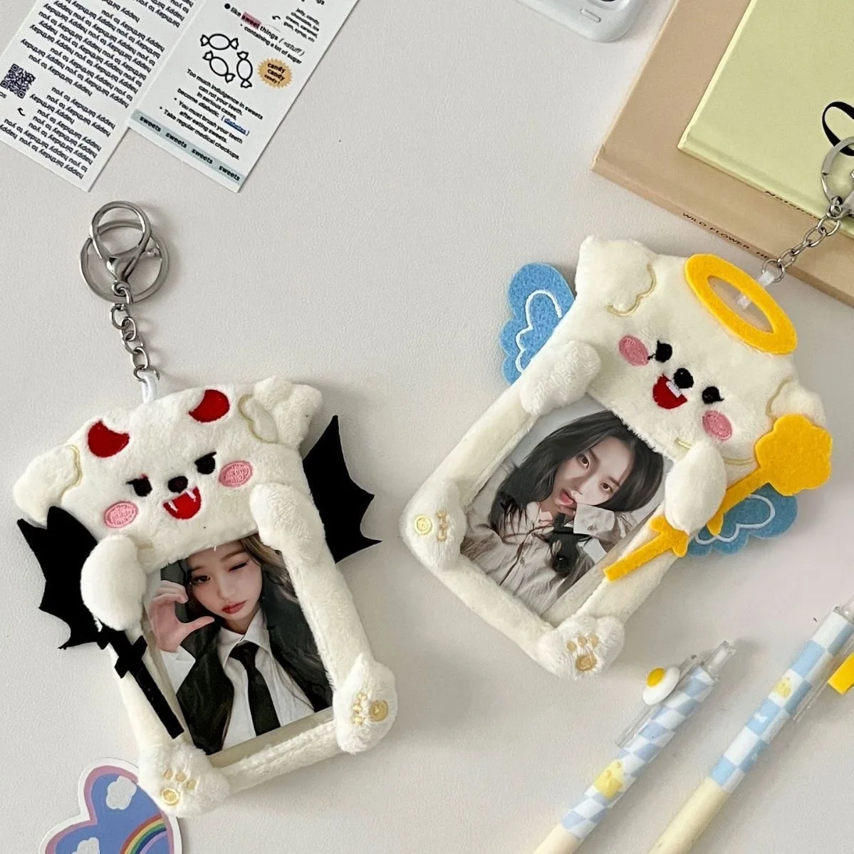 Plush Card Holder Cute Angel Devil Polaroid Idol Photocard School ID Protector Pendant Couple Style