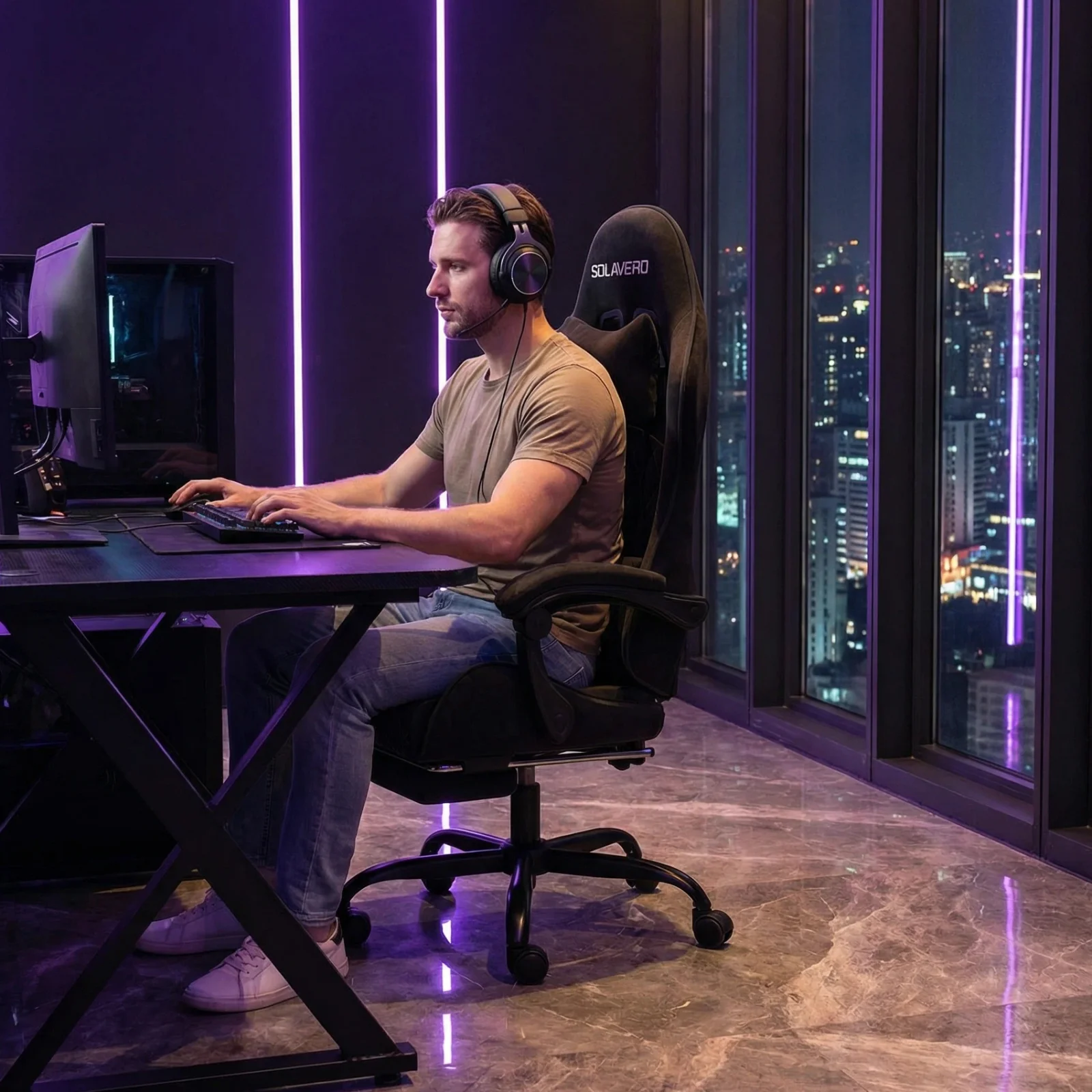 Cadeira de Massagem para Jogos, Cadeira de Escritório para Computador com Tecido Confortável, Cadeira de Jogo Ajustável em Altura com Rotação 360° ° Assento Giratório e Apoio de Cabeça