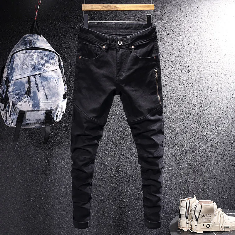 High Street Fashion Heren Jeans Camo Casual Stretch Slim Fit Rits Gesplitst Designer Jeans Heren Zwarte Vintage Denim Broek Hombre