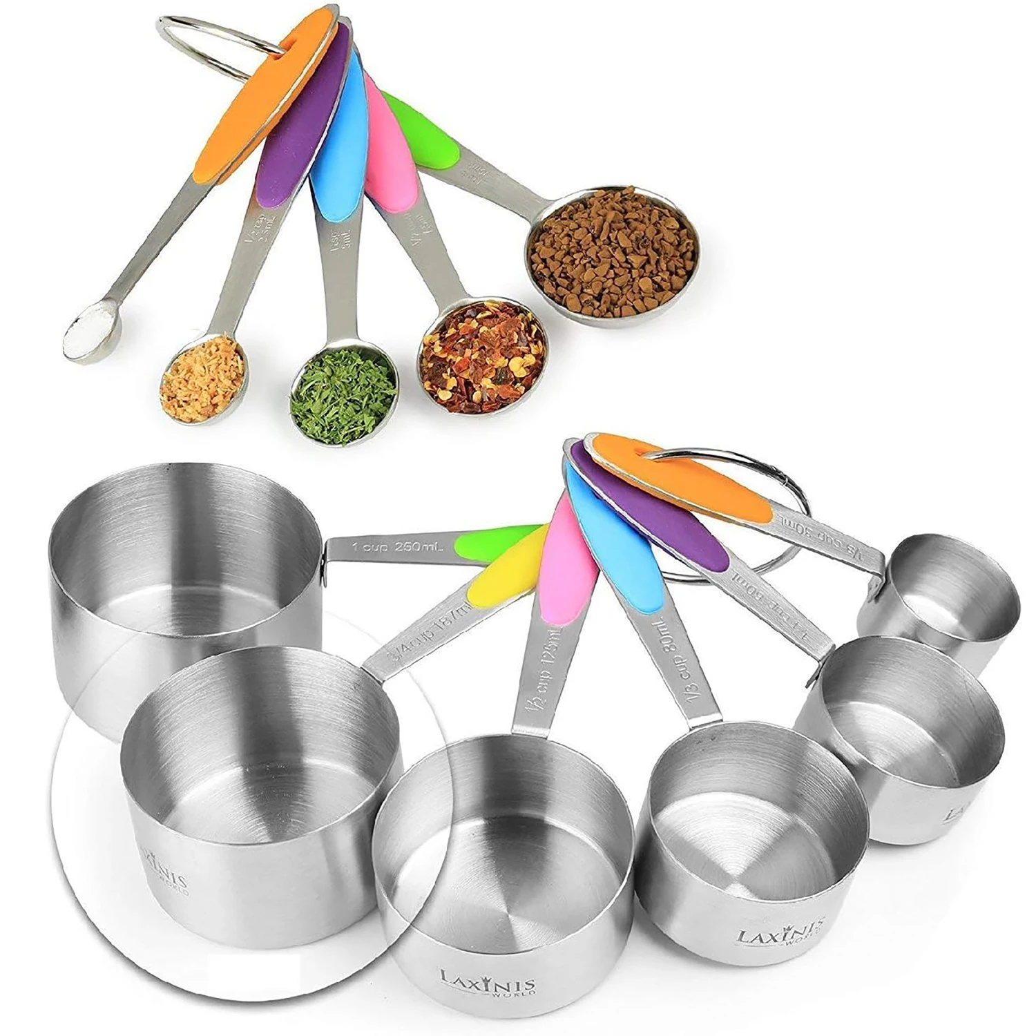 Durable Stainless Steel Measuring Cup & Spoon Set with Silicone Handles, Essential Kitchen Tool for Cooking, Baking, and Food Se