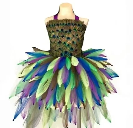 Fancy Peacock Feather Girl Pageant Tutu Dress With Headband Children Kids Birthday Party Wedding Ball Gowns 4th floor Tulle Dres