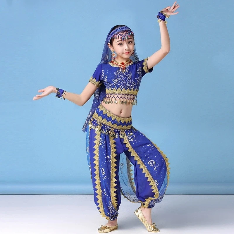 Conjunto de trajes de danza del vientre, vestidos de danza Oriental para niños, danza del vientre, niños indios, 4 colores, ropa de danza del vientre de la India