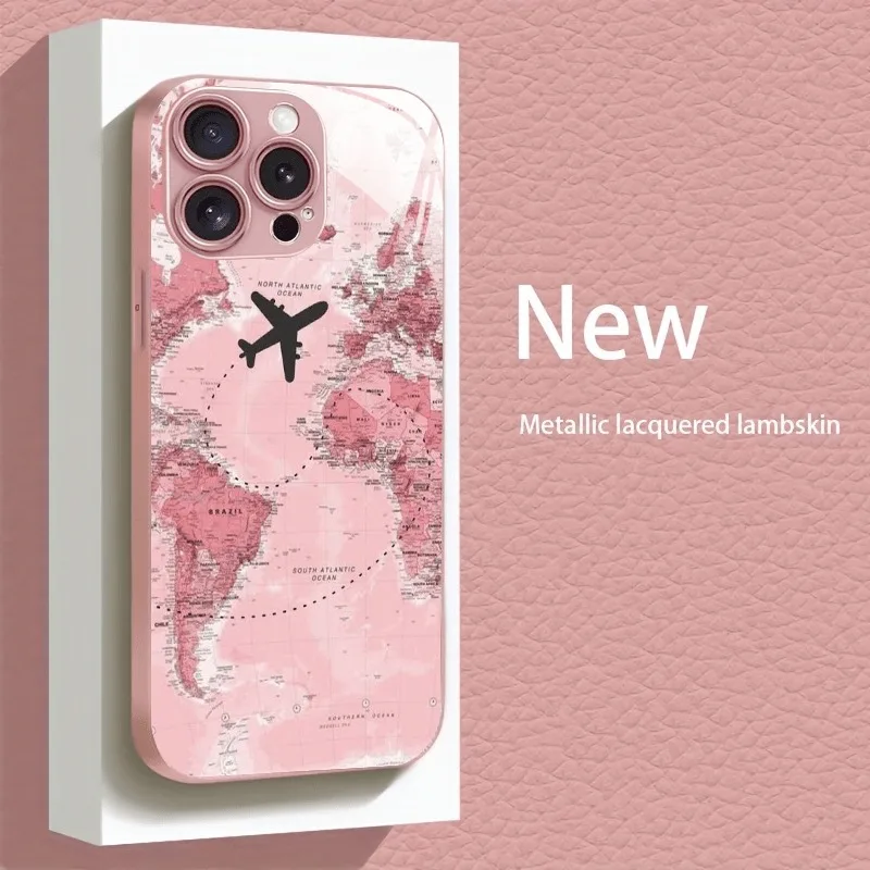 

Simple Map Airplane Pattern Pink Metallic Paint Glass Phone Case For iPhone 17 16 15 14 13 12 11 Pro Max 15 Plus 17Air 16E Cover