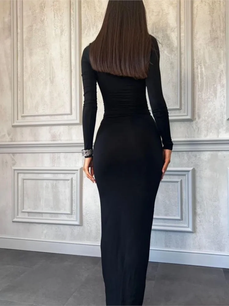 Trend Solid Color Slim Long Dresses Women Spring Autumn New Long Sleeve O Neck Package Hip Bodycon Dress Vestido Lady Streetwear — zdjęcie 3
