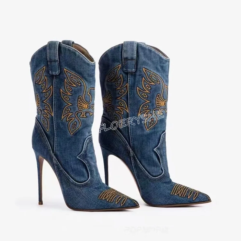 

2024 Embroidered Stiletto Ankle Cowboy Boots New Arrival Solid Women Pointed Toe Slip-on Thin High Heel Party Fashion Shoes
