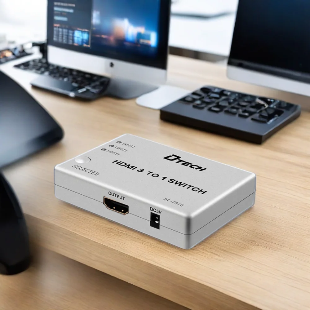 Przełącznik HDMI DTECH 3-portowy, przełącznik wideo i audio HDMI 3 wejścia 1 wyjście z pilotem IR