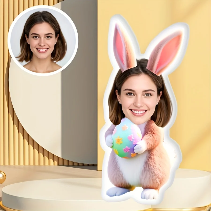 Customizable Plush Rabbit Pillow - Featuring an Adorable Rabbit Design with a Slot for Personal Photos, Made from Soft Polyester