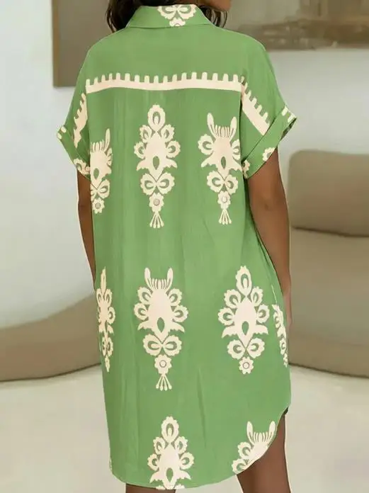 خمر الباروك وضع طباعة بدوره إلى أسفل طوق توالت الأصفاد زر أسفل قميص فستان المرأة فستان عطلة عادية مع جيوب #5