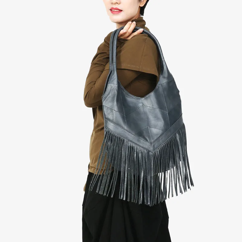 Women Fashion Designer Fringe Bag Boho Style Genuine Leather Bohemian Shoulder Bags Popular Tassels Female Hobo Underarm Handbag