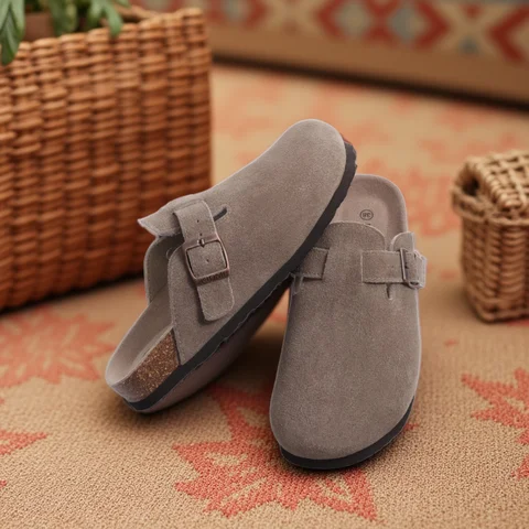 Gacimy Women's Suede Clogs with Arch Support Retro Leather Flat Mules Lady Cork Footbed Sandals Unisex Classic Clogs Slippers