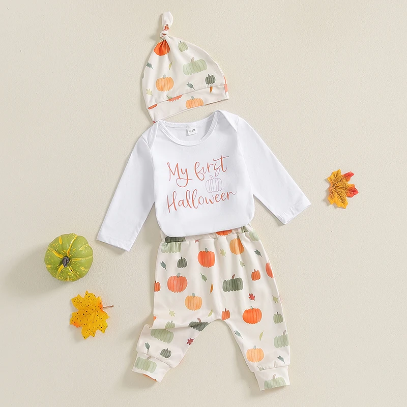 3-Piece Baby Halloween Set Pumpkin Letter Print Long Sleeve Romper Pumpkin Long Pants Hat Outfits