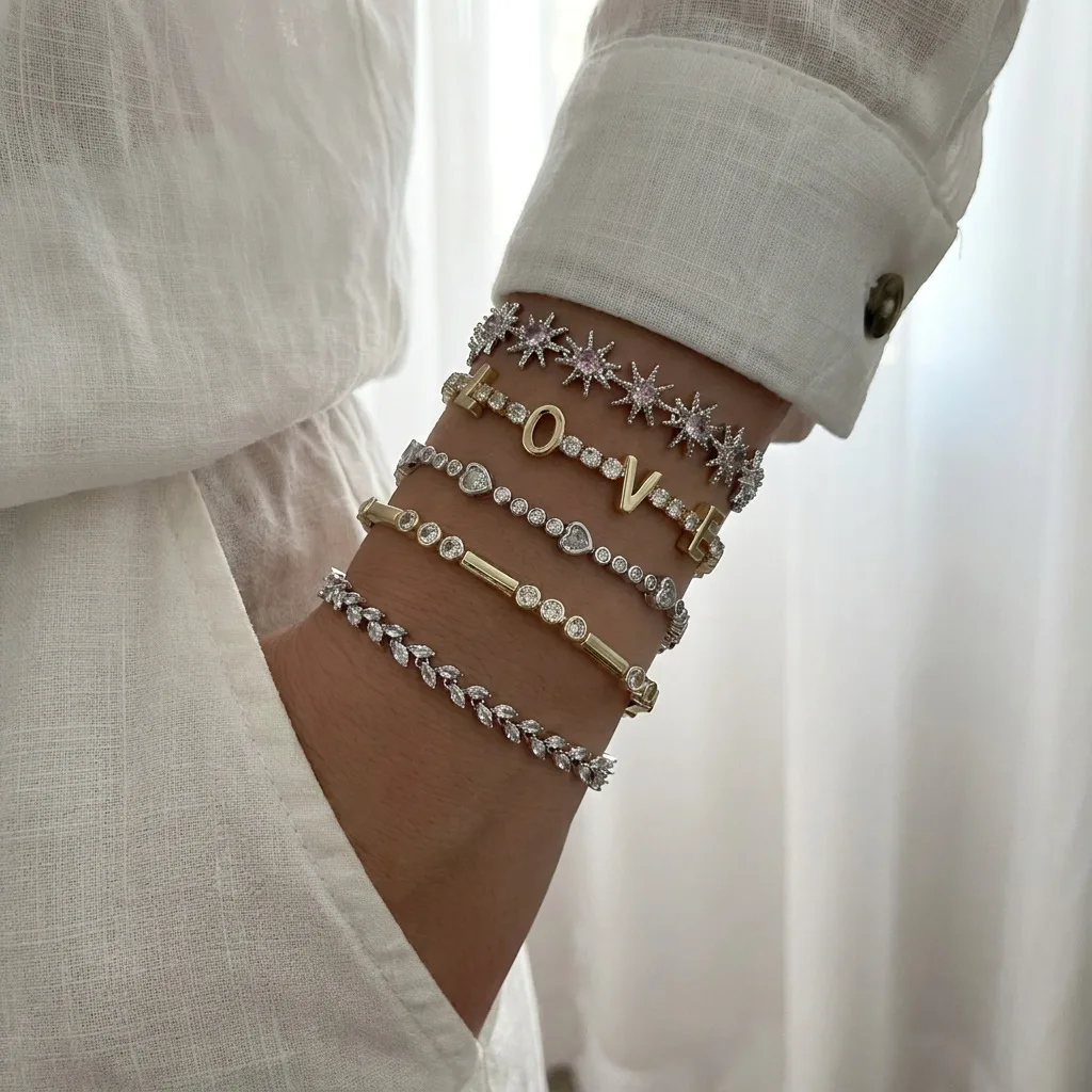 Simple and unique zircon-studded sparkly bracelet for women featuring pink diamonds and heart-shaped zircon stones