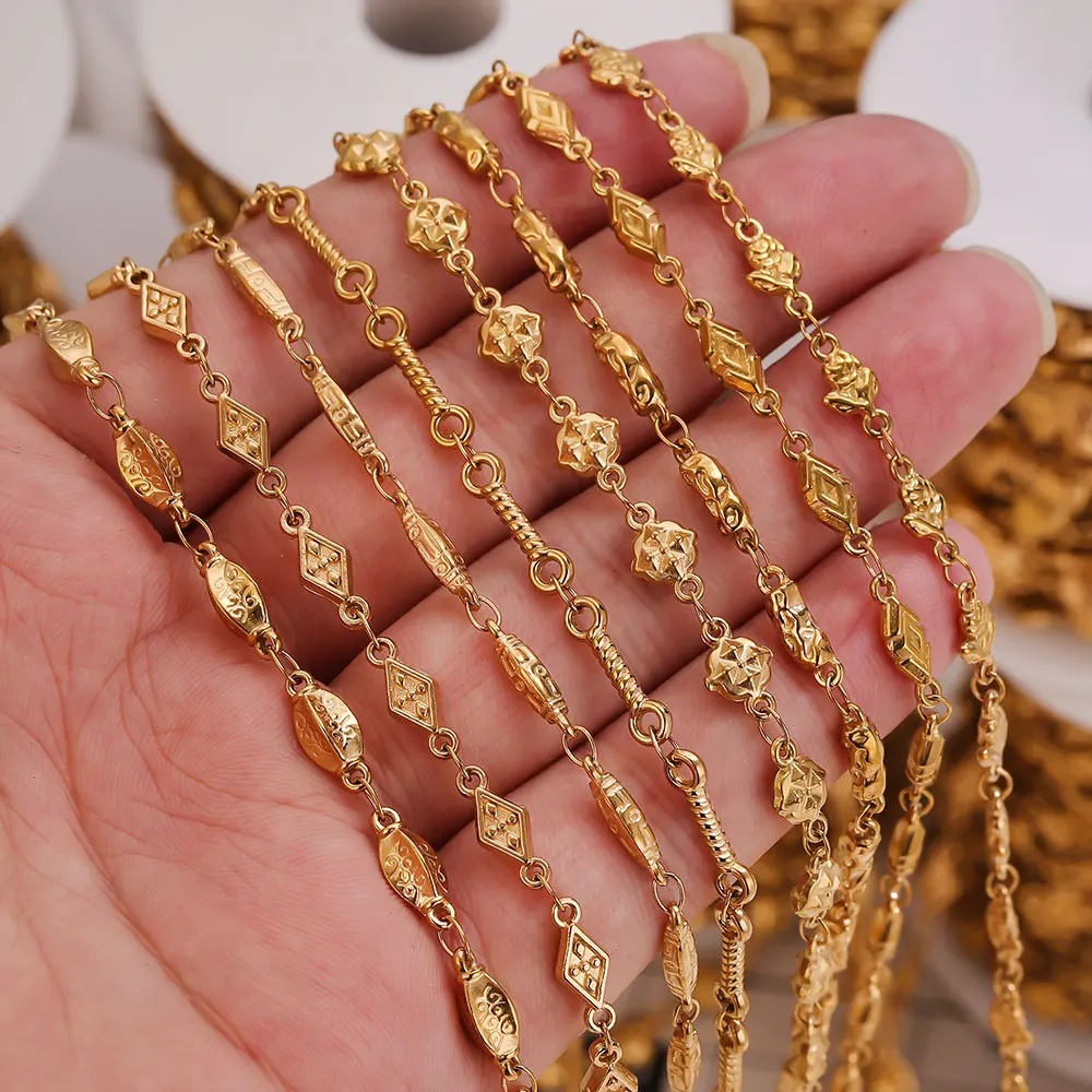 1Meter Stainless Steel Gold Plated Chains Embossing Textured Heart Carved Beaded Chain for DIY Bracelet Necklace Jewelry Making view 2