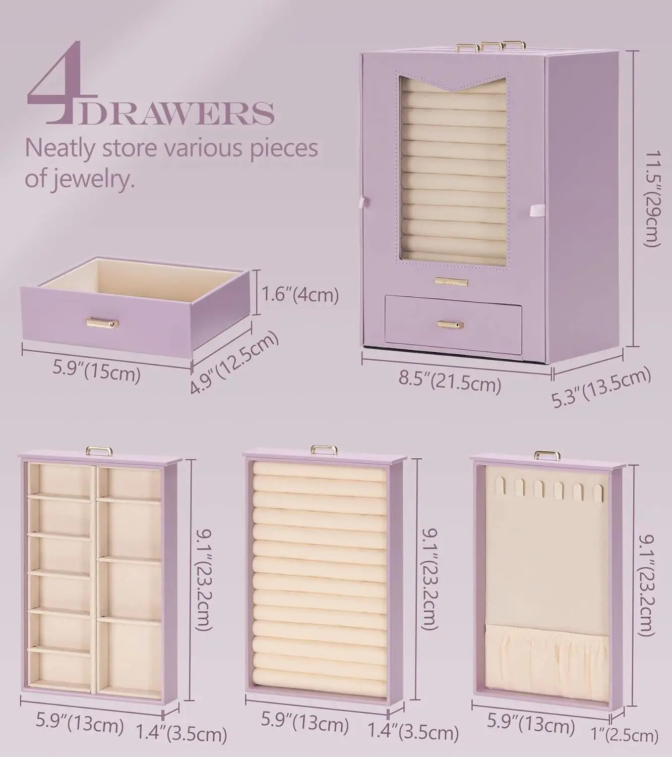 Transparent Window Jewelry Organizer with Hooks for Necklaces Rings Earrings Bracelets Display Case Grey Purple