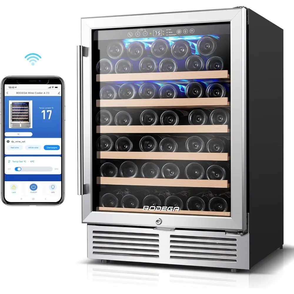 

Champagne Cooler, 24 Inch Wine Fridge under Counter, With Wifi App Control Glass Door Wine Refrigerators Free Standing,