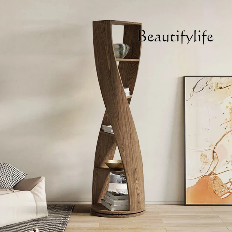 Italian light luxury solid wood bookshelf rotating study small bookcase shelf creative living room corner storage floor bookcase