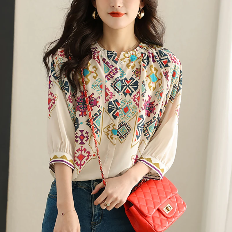 2024 Spring Summer Women Tops Fashion 3/4 Sleeve Chiffon Blouse Round Neck Casual Loose Printed Tops