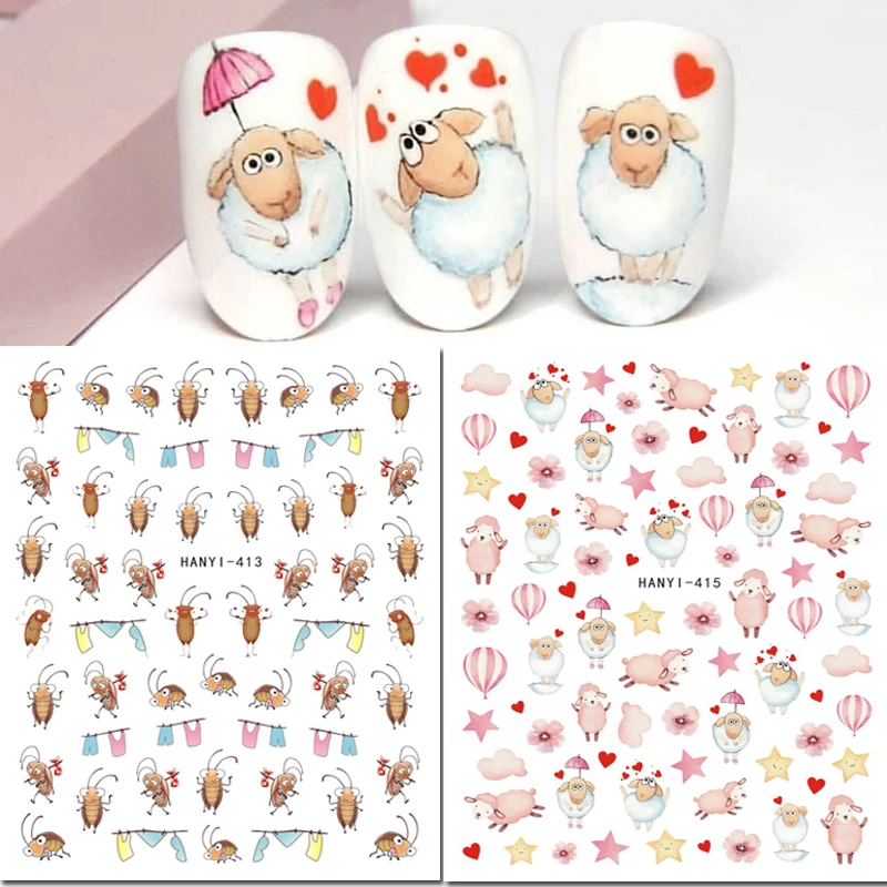 3d Nail art Stickers Cute White Sheeps Pink Flowers Balloons Crickets Decals For Nail Decorations Manicures Beauty
