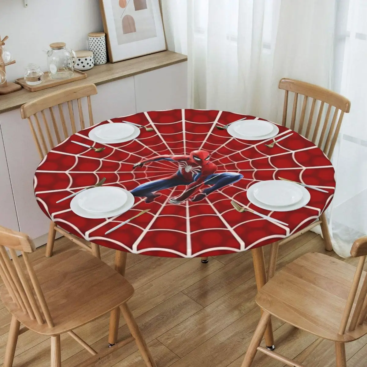 Customized Round Waterproof Spider Man Animated Table Cover Elastic Comic Cartoon Table Cloth Backed Edge Tablecloth for Picnic