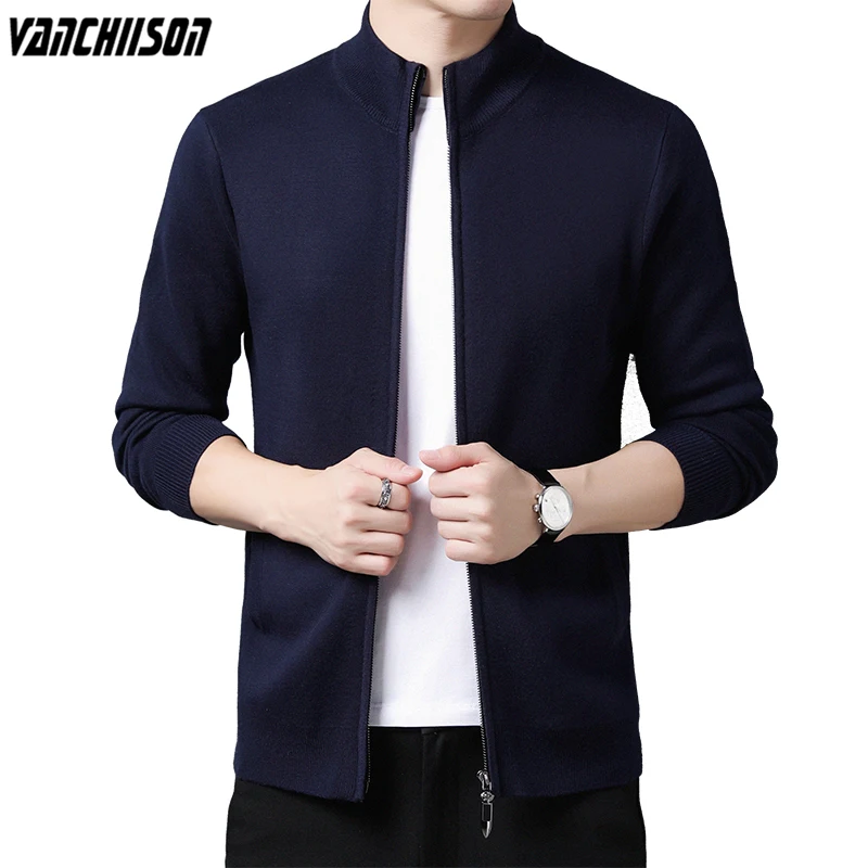 

100% Wool Men Sweater Cardigan Outwear Zipper Down Knit Sweater Thick for Autumn Winter Solid Casual Stand Collar 01048