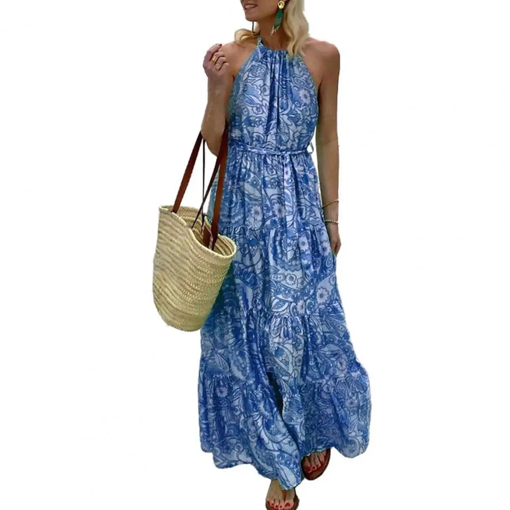 

Summer Off Shoulder Long Dress Sleeveless Halter Tie Belt Casual Dress For Bohemia Vestidos