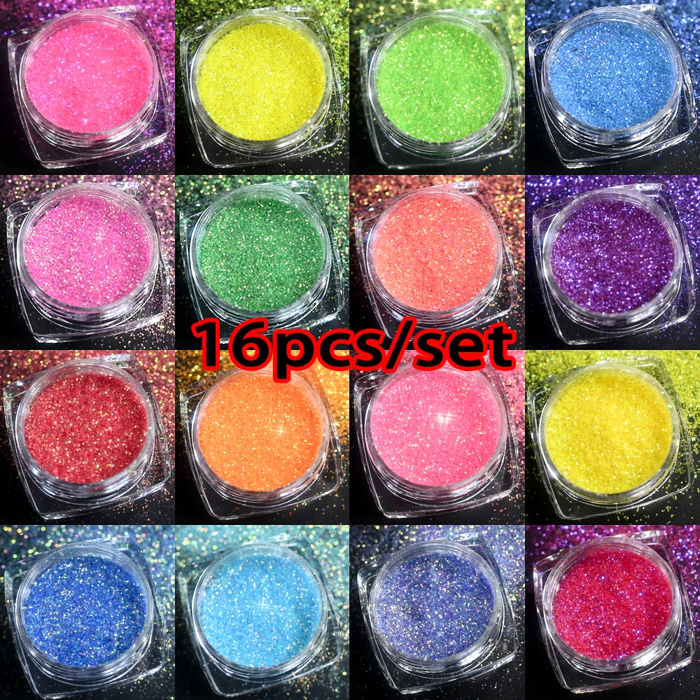 12/16pcs Iridescent Sugar Nail Glitter Powder Shining Candy Coat Powder Pigment For Manicure Yellow/Pink/Blue Nail Pigment Dust