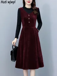 Autumn Winter Thick Warm Fake Two Piece Dress Women Elegant Luxury Formal Night Vestidos 2024 Patchwork Vintage Party Midi Dress