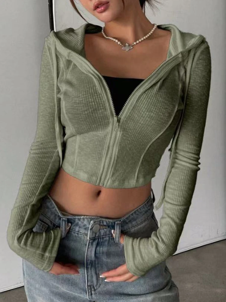 Modny sweter dziergany na jesień i zimę, dopasowany sportowy pulower, bluza z kapturem, krótka kurtka z kapturem na zamek błyskawiczny.