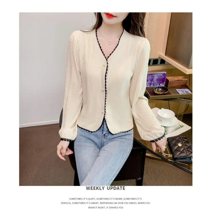 봄 가을 V 넥 긴 소매 대비 패치 워크 우아한 블라우스 솔리드 루즈 빈티지 셔츠 탑 캐주얼 패션 여성 의류