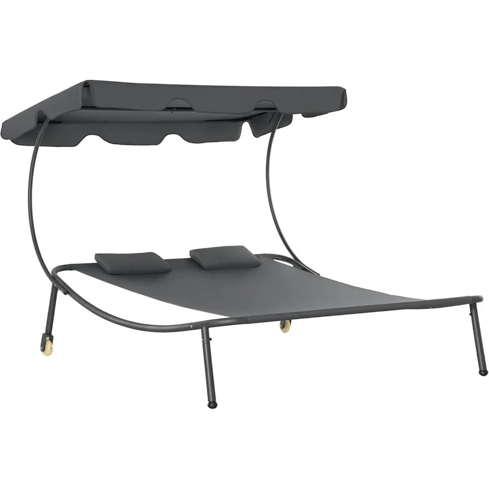 Patio Double Chaise Lounge Chair, Outdoor Wheeled Hammock Daybed with Adjustable Canopy and Pillow for Sun Room, Garden, or Poo