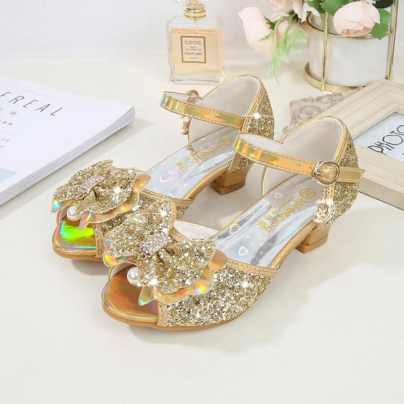 Kids Princess Wedding Leather Shoes Summer Classic Butterfly Knot Girls Crystal Sandals Glitter Party Dance Children High Heel