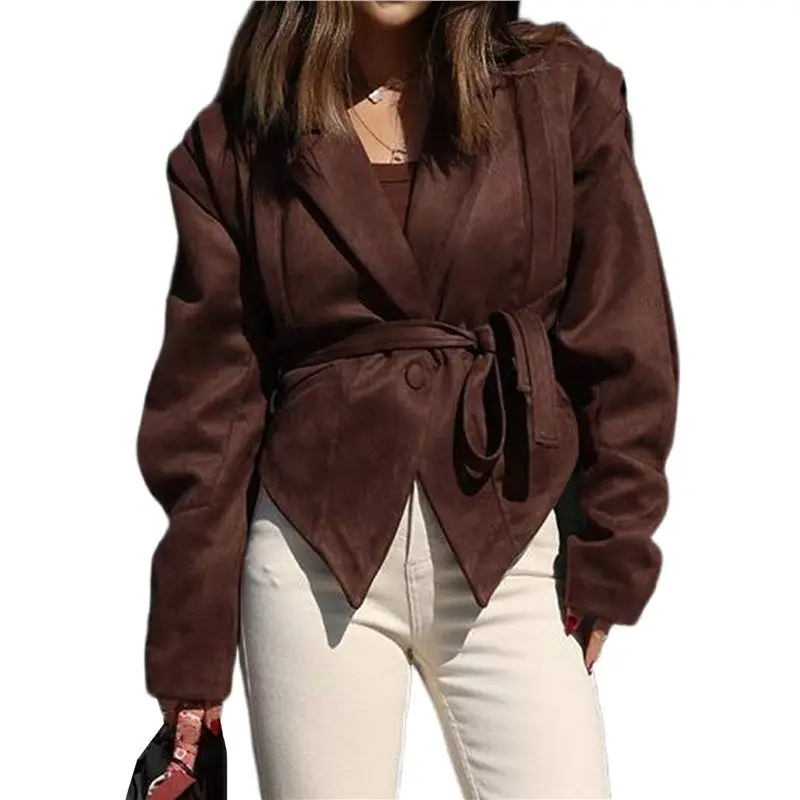 CYL-Leder Patchwork Jacke Mit Gürtel Weibliche Lange Ärmel Kordelzug Krawatte Mantel Weibliche Dicke Straße Outwear Braun M