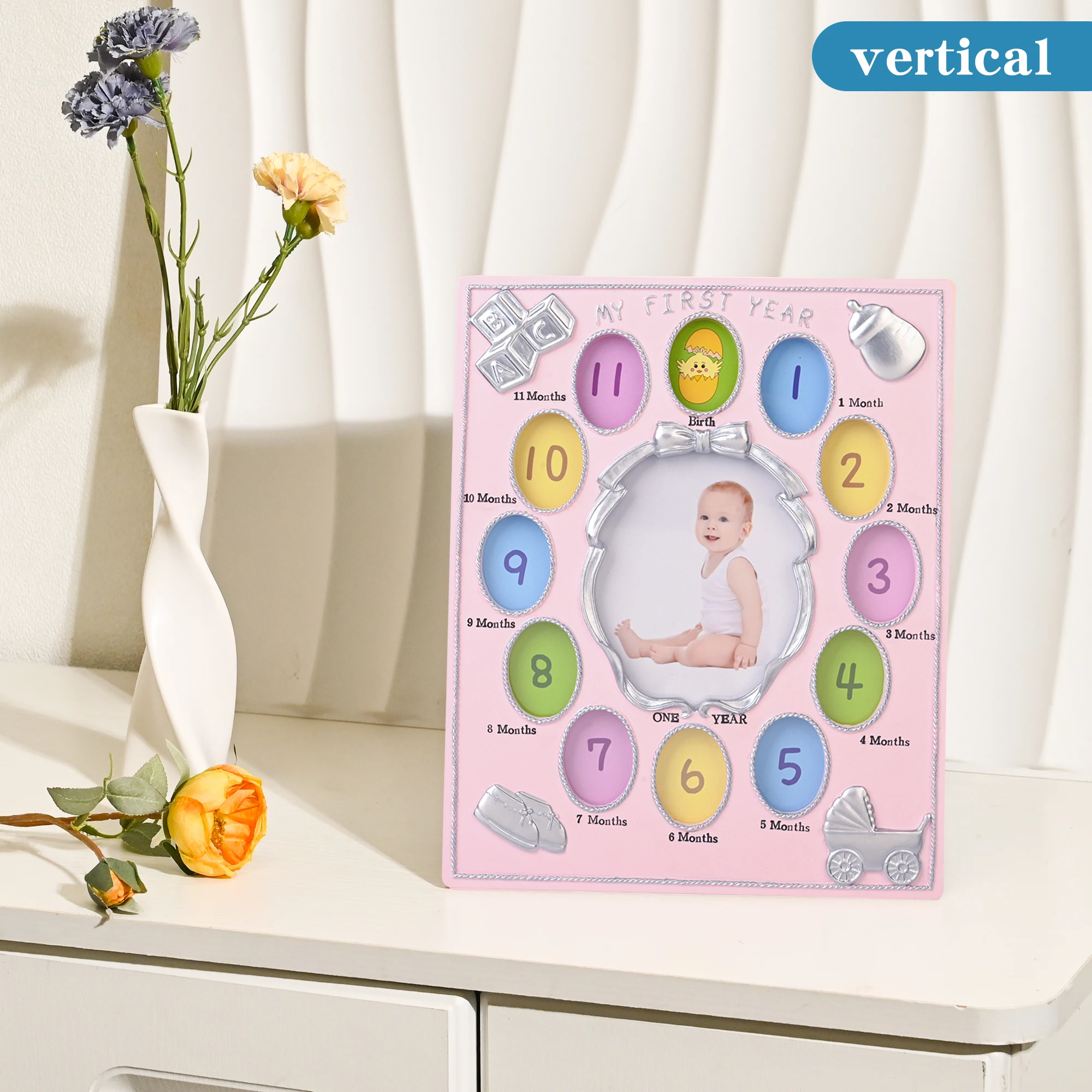 

Classic Baby's First Year Photo Frame 12 Slot Monthly Milestone Memory Display for Boys & Girls Picture Frame Nursery Wall Decor