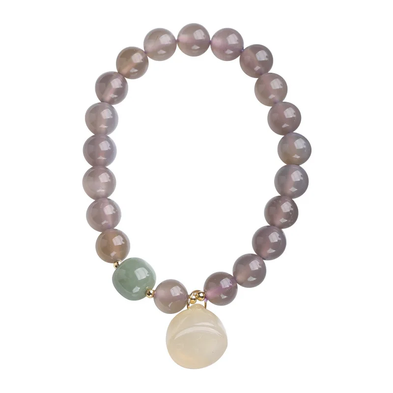 

New Gray Agate Bracelet: Natural Chalcedony Lotus Pod Pendant, Hetian Jade Beads, Retro Chinese Style Women's Jewelry Gift
