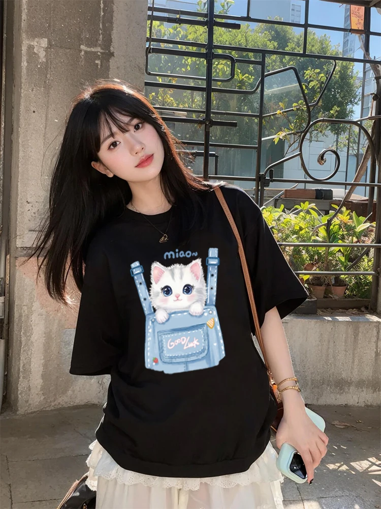 

Cute Print Cotton Blend Women's T-irt Summer ort Sve Loose Fit Top Casual Versatile Faion He-ule Brand