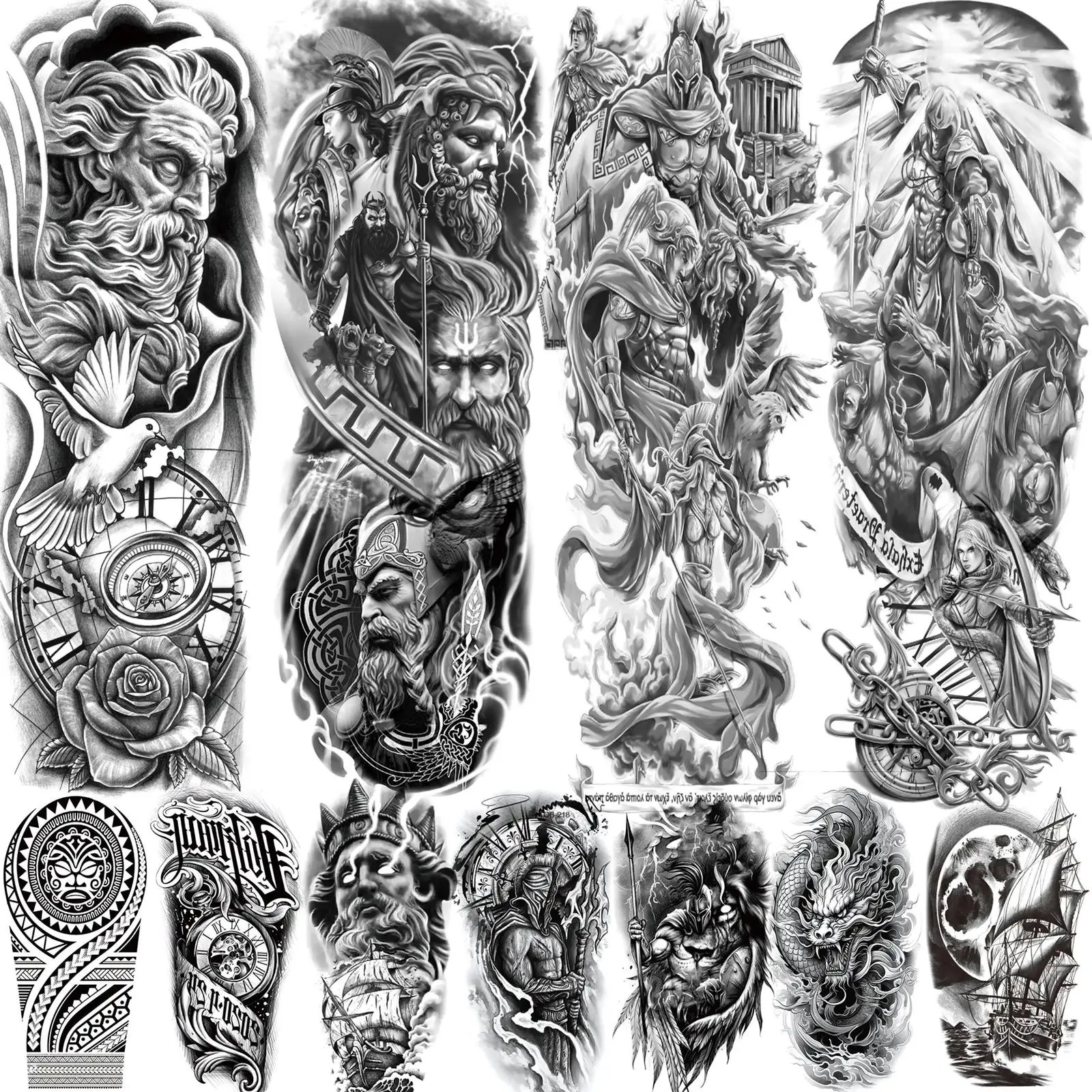 1 ورقة زيوس الله المتقشف المحارب الذراع الكامل الوشم المؤقت للرجال البالغين النساء هيئة الفن اللوحة الوشم كم وهمية واقعية #1